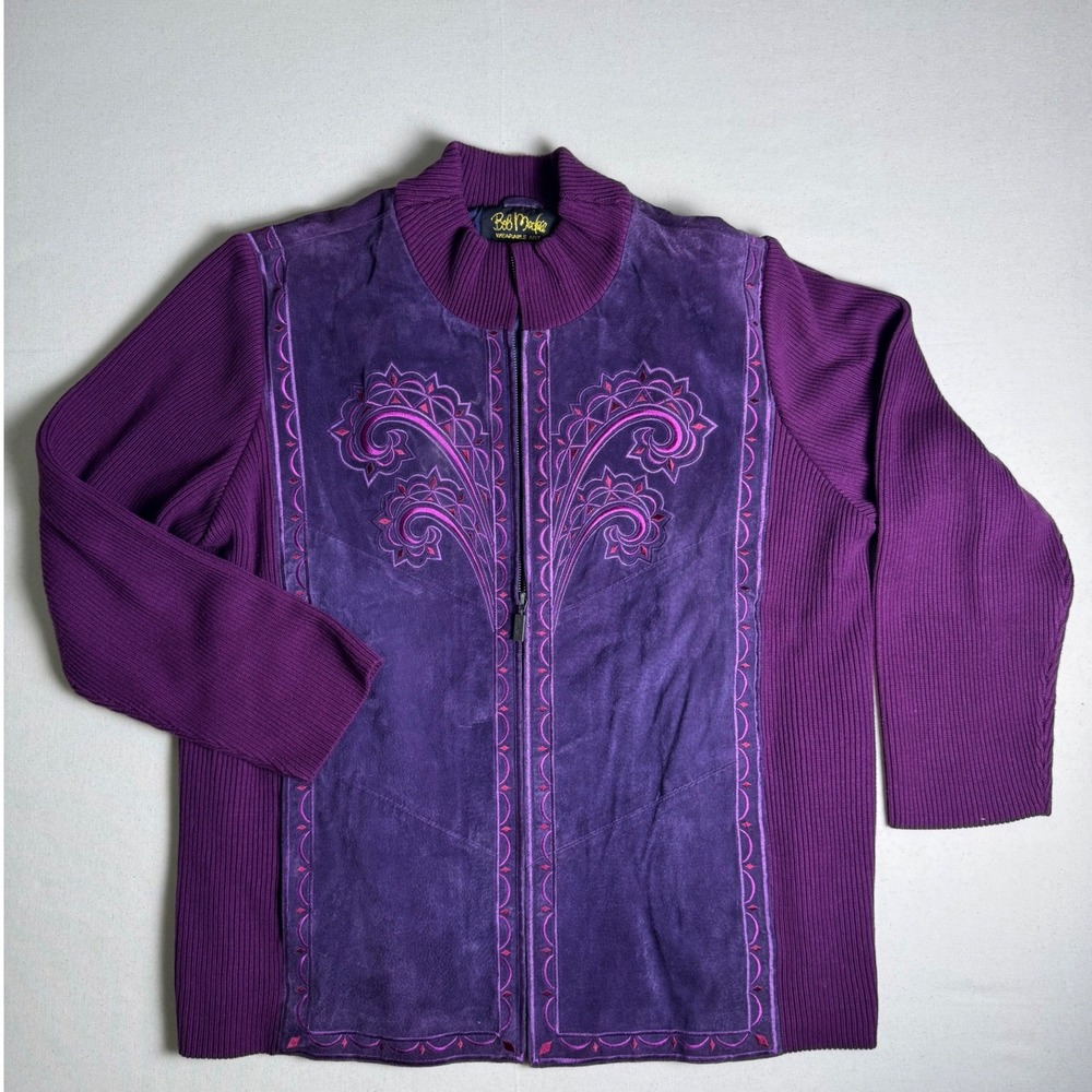 Bob Mackie Wearable Art Purple Suede Leather Knit Embroidered Jacket Women's 2X